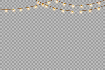 Golden warm fairy lights garland hanging on transparent background for New Year and festive party design