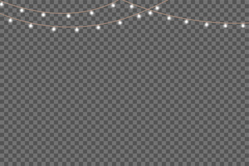 Elegant yellow light bulbs garland glowing on dark transparent background for night party or festival decor