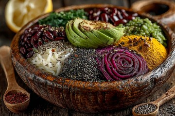 Close-up of a colorful vegan bowl. Generative AI