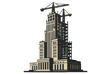 Fototapeta premium Art deco building construction with crane, architectural progress in stylized silhouette