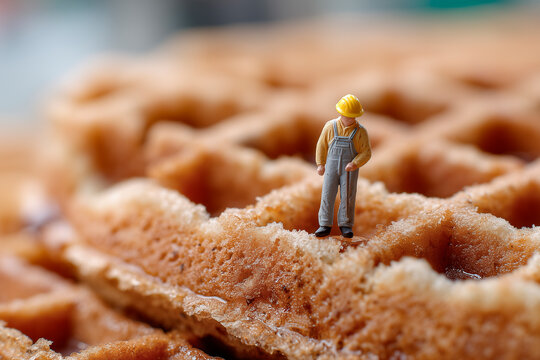 A tiny worker figure stands on a crumbly bread surface, wearing a yellow helmet and gray overalls, exploring a surreal, macro world.