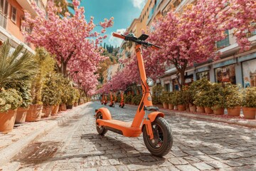 Young people on electric scooters laugh and enjoy eco-friendly transportation in nature. Generative AI