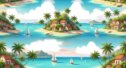 Tropical island village with palm trees and sailboats in turquoise water isolated on white background