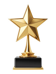 Golden star trophy award on black pedestal stand, isolated on transparent background