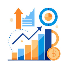 Vector illustration of business growth concept with bar charts arrow upward and target icon