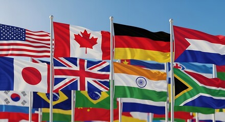 An array of national flags from various countries waving gently against a clear blue sky background
