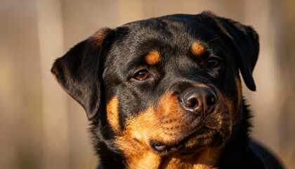 Rottweiler adult dog closeup face portrait with calm expression