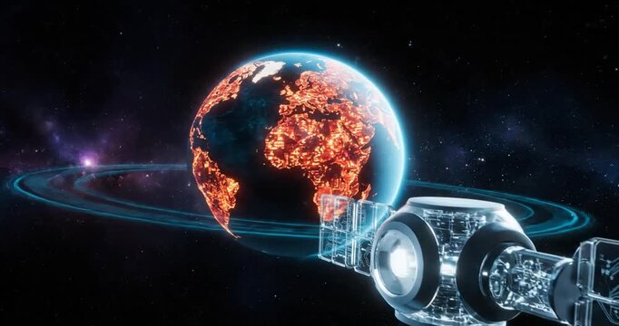 A miniature rotating planet with a pulsating teal blue glowing atmosphere morphs into a dynamic scene with spacecraft