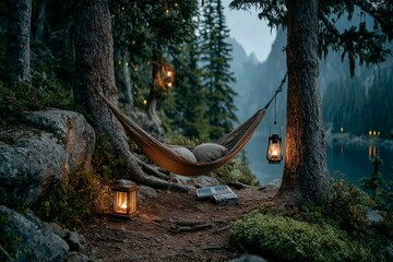 A forest clearing with a hammock strung between two trees, a small solar panel on the ground. Generative AI