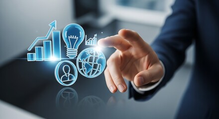 Man touching digital interface with business icons like growth chart and lightbulb on a dark surface