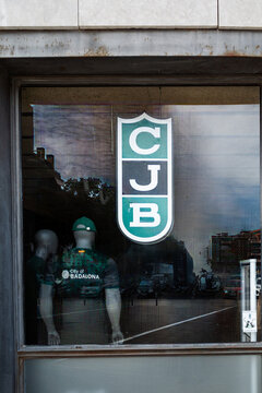 Barcelona, Spain-October 06, 2025. Prominently displayed in the glass is the shield-shaped CJB logo (Club Joventut Badalona),