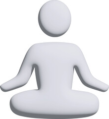A minimalist 3D white figure in a meditation pose, sitting cross-legged with calm symmetry on a black background.