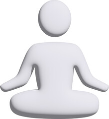 A minimalist 3D white figure in a meditation pose, sitting cross-legged with calm symmetry on a black background.