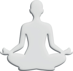 A smooth white 3D figure of a person sitting in a lotus pose, symbolizing meditation, balance, and inner peace against a minimalist background.