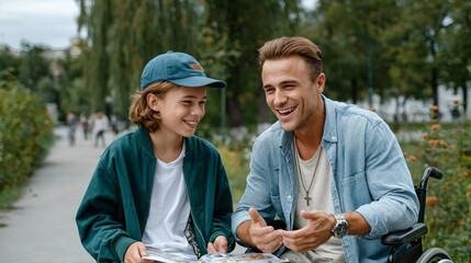 Young man in wheelchair and boy in cap smiling and talking happily outdoors in park on autumn day