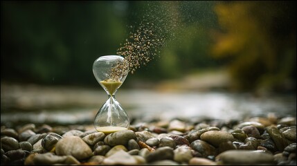 Hourglass Sand Flowing on Pebbles by River