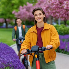 Students on electric scooters riding through a blooming park with cherry blossoms. Generative AI