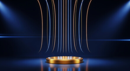 Golden podium illuminated by dramatic blue spotlights and falling metallic strands creating an abstract futuristic stage