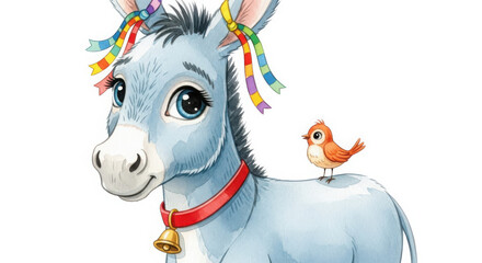 Cute cartoon donkey with colorful mane and a small bird on its back isolated on white background