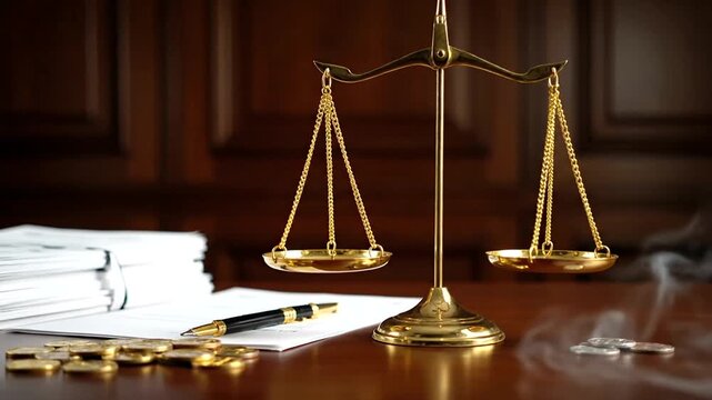 Justice Scales and Documents on a Lawyers Desk.