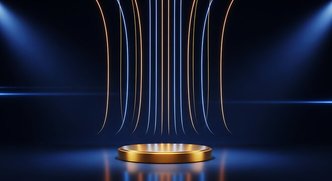 Golden podium illuminated by dramatic blue spotlights and falling metallic strands creating an abstract futuristic stage