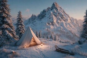 A snowy mountain meadow with a small eco-tent. Generative AI