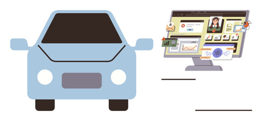 Blue car next to a digital screen showing analytics, graphs, profile, and real-time data. Ideal for technology, transportation, innovation, automation, connectivity data visualization modern
