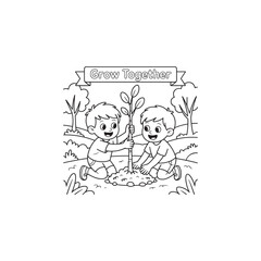 Two children planting a small tree together in a garden scene