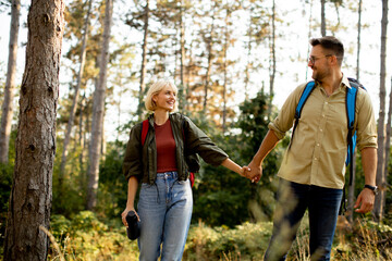Couple enjoying a peaceful hike through a sunny forest while holding hands and sharing smiles