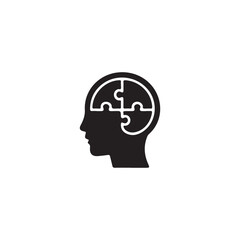 Human head silhouette with puzzle pieces inside representing thought processes