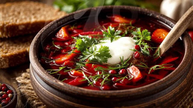 Ukrainian borscht with sour cream and parsley in a wooden bowl, next to bread, peppers, and garlic