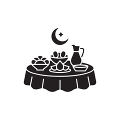 Ramadan iftar meal still life with crescent moon and dining setup