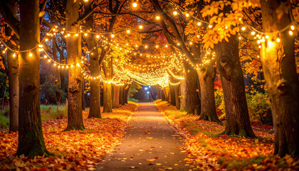 Pathway illuminated with fairy lights among autumn trees at night