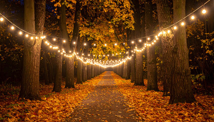 Pathway illuminated with fairy lights among autumn trees at night