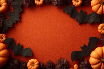 Spooky halloween vibes with bats and ghosts on bright orange canvas. Studio portrait. Festive halloween layout with decorations, bats, and ghosts on a bright canvas. Branding asset.