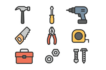 Colorful flat icon set of essential construction and repair tools