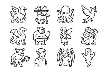 Collection of mythical creatures in black and white line art style