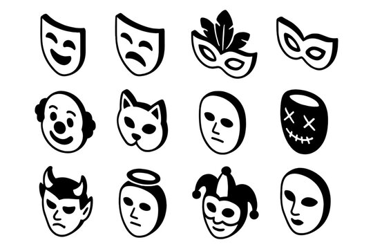 Collection of theater and festival masks in bold black and white silhouette style