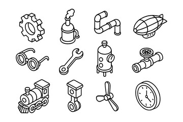Fototapeta premium Steampunk elements set: isometric line art icons featuring gadgets and machinery