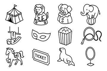 Circus icon set featuring clowns, animals, and carnival elements in black and white outline style