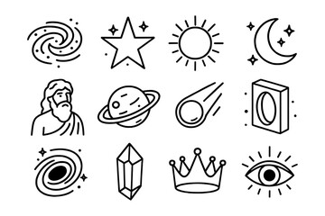 Celestial and philosophical icons: cosmic elements and figures in linear style