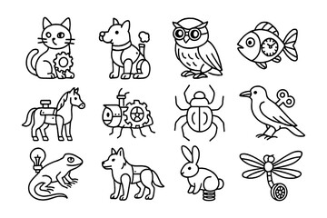 Retro mechanical animals collection: playful line art designs