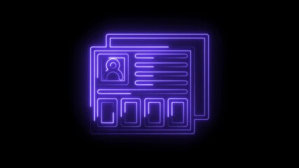 Glowing neon resume or profile with personal information on black background