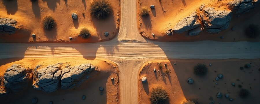 Aerial illustration of desert landscape split into four paths. Roads cross each other in a crossroads. Sand and rocks details depict arid travel adventure and challenging journey concept.