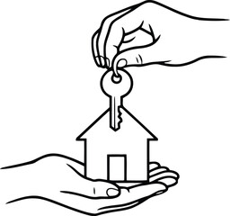 Hand passing a house key to another hand symbolizing home ownership