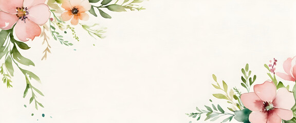 Floral watercolor border with springtime elegance, frame for Easter greetings. Extra wide banner. AI illustration