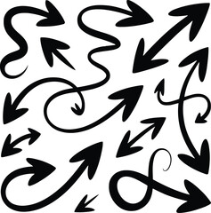 Collection of hand drawn black arrows in various shapes and directions