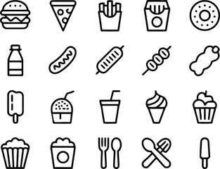 Collection of simple outline icons representing various fast food and sweet treats