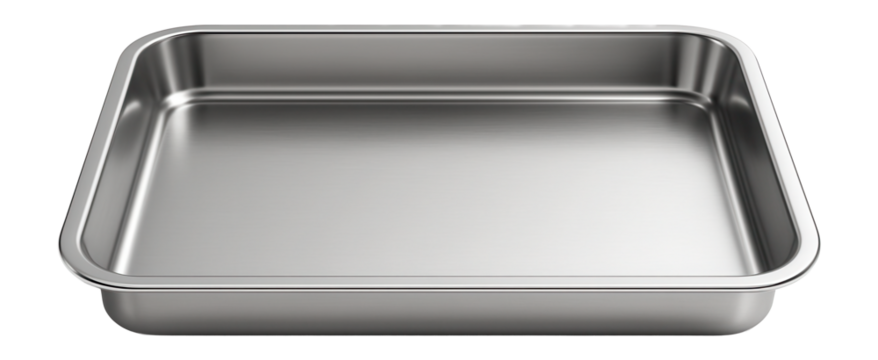 Stainless steel baking tray with raised edges, ideal for roasting vegetables in small
