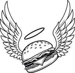 Angel burger with wings and halo creative food concept vector